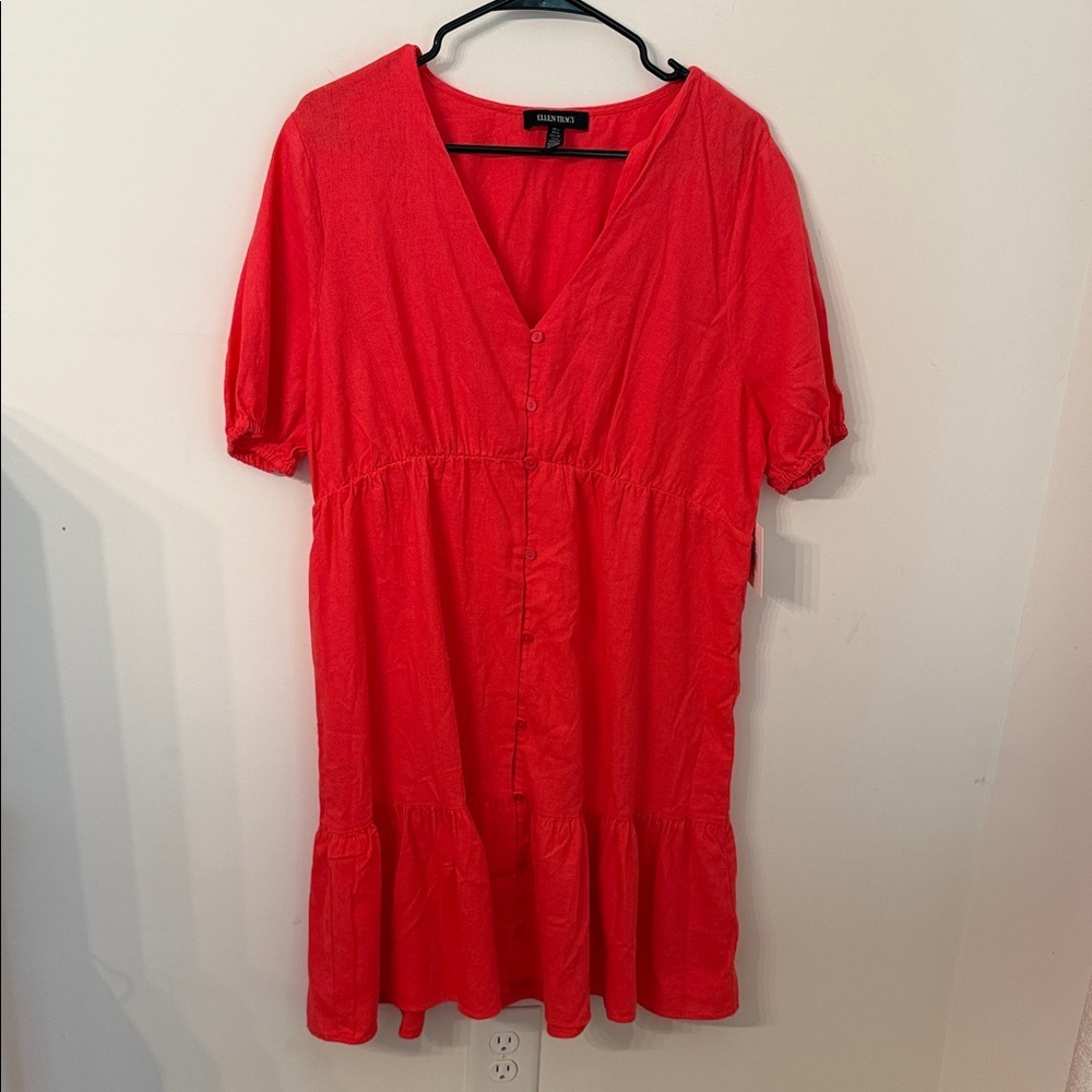 Ellen Tracy Red V-Neck Button-Front Dress